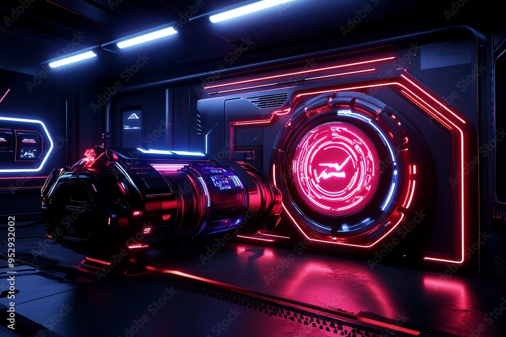 Poster neon color digital displays with futuristic interfaces and glowing effects, illustrated in a scene w