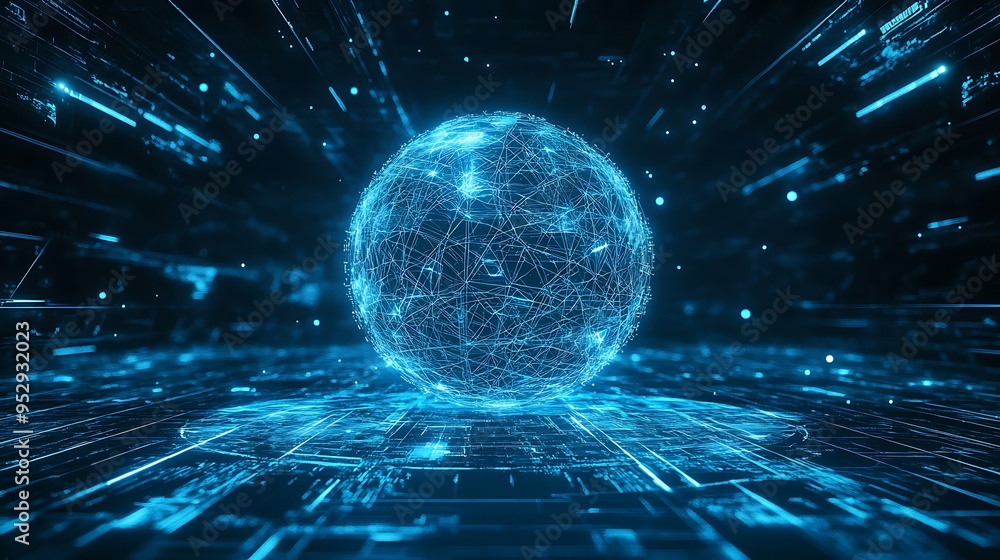 Poster a glowing sphere of interconnected lines on a futuristic circuit board background