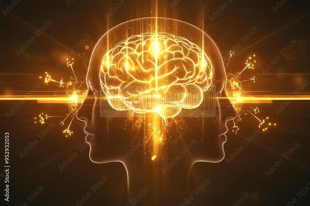Poster futuristic rendering of two human heads with a central glowing brain symbolizing the intersection of