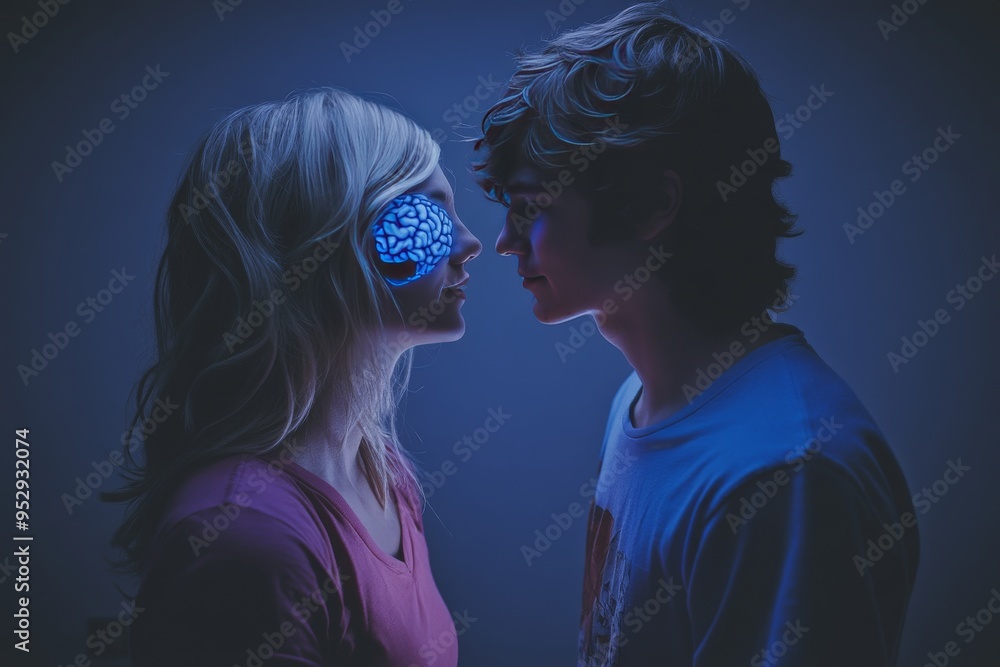 Poster stylized profile of young couple with digital brain overlays symbolizing modern relationships intell