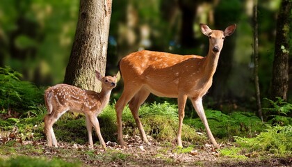 Fototapeta premium a deer and a fawn are next to each other in the forest