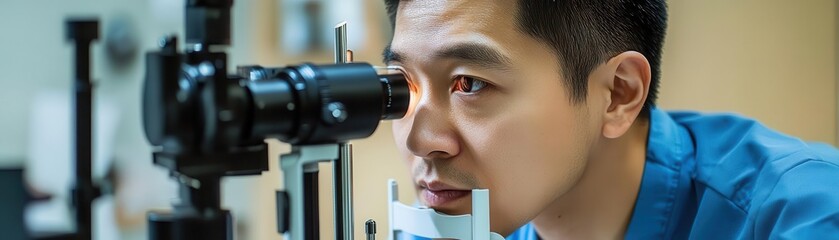 Optometrist examining patient's eyes with specialized equipment for vision health assessment in a...