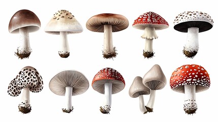 Variety of Watercolor Mushrooms on White Background, Artistic Upper Body Portrait with Copy Space for Text - 8K Resolution