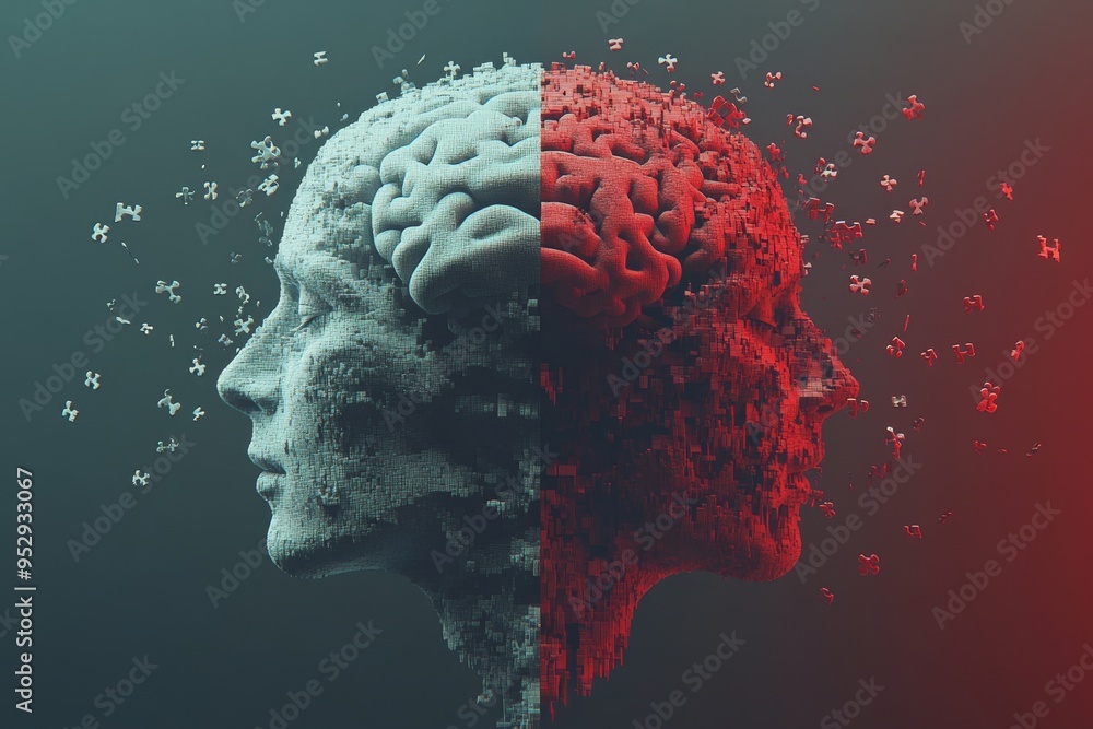 Poster side profile of a human head with contrasting red and white brain imagery symbolizing the duality of