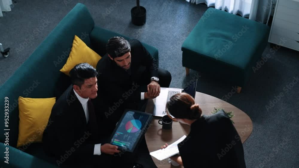 Poster top view of smart business team analyze stock investment data while pointing at financial statistic 