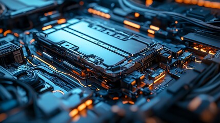 A futuristic circuit board illuminated with glowing orange lines.