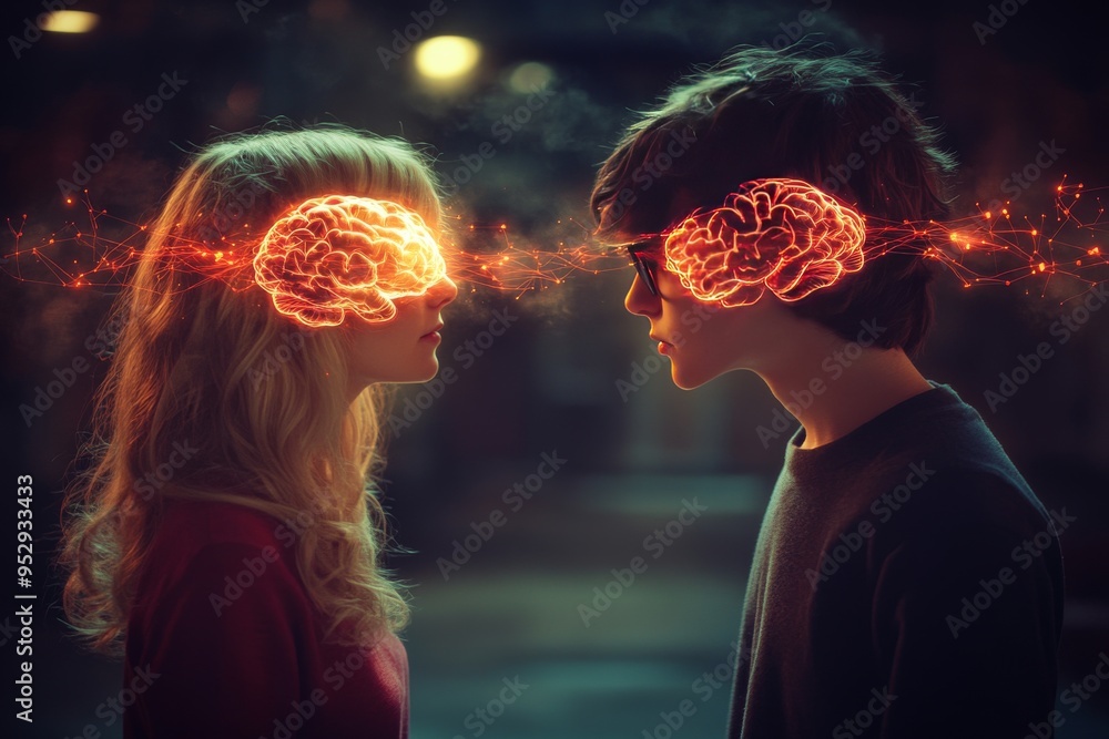 Poster silhouetted couple with glowing brain imagery representing the fusion of intellect and emotion set a
