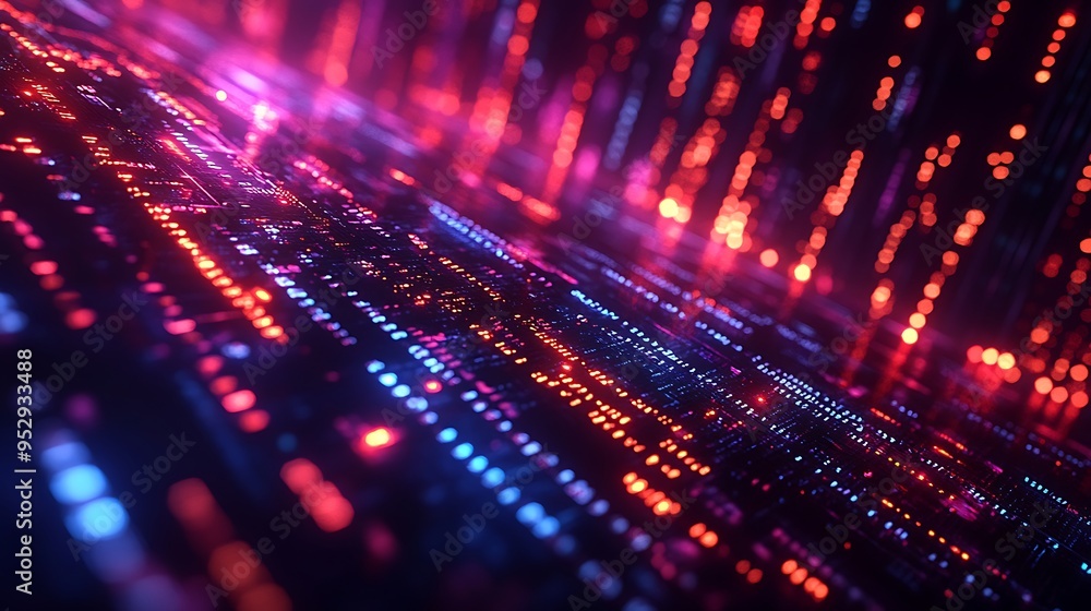 Aufkleber an abstract backdrop of technology with intersecting red and blue glows.