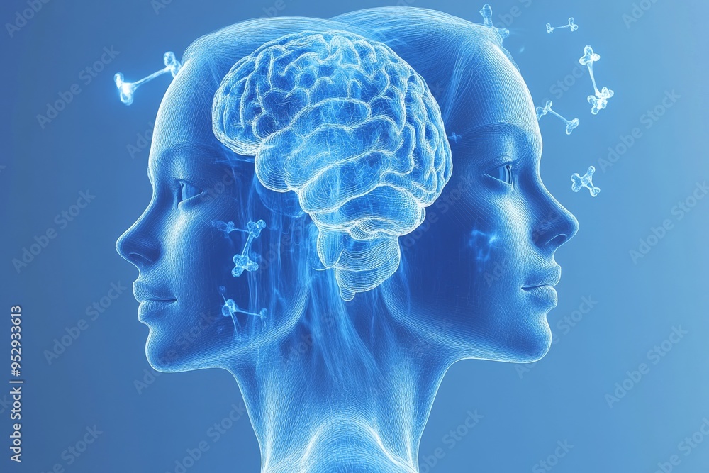 Poster dual human figures with translucent blue heads showing detailed brain structures representing the co