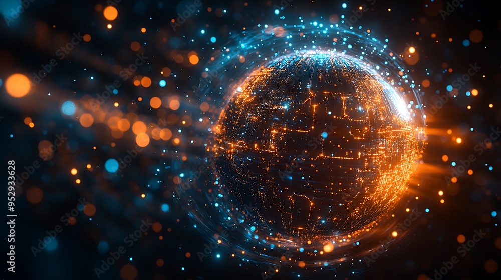 Aufkleber an abstract sphere illuminated by glowing lines and soft bokeh lights.
