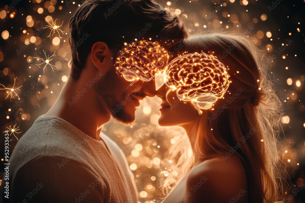 Aufkleber a couples foreheads touching with a warm golden glow emanating from their connected brains symbolizi