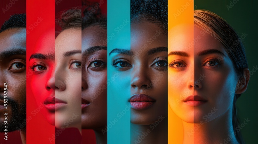Aufkleber The composition features a range of diverse faces separated by lines, symbolizing division while highlighting the beauty of differences. Generative AI