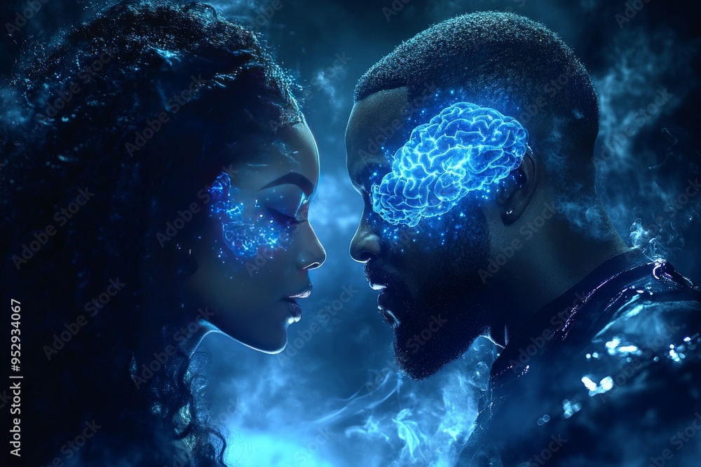 Aufkleber a couple in a deep and meaningful connection their brains digitally merged with a glowing blue aura 