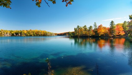 blue trout lake with trees in autumn color in northern minnesota on a sunny day