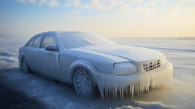 Ice snow frozen automobile car. Frost snowstorm blizzard season weather, vehicle windshield or windscreen covered, freeze, temperature, problem, defrost door