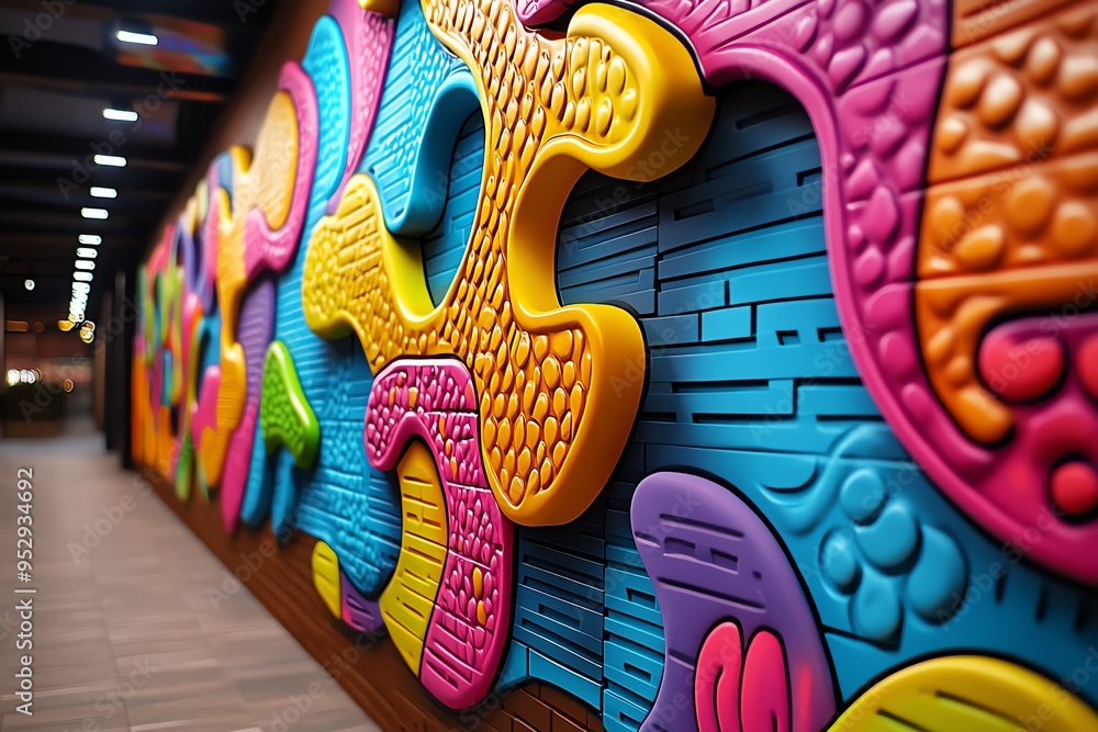Aufkleber Neon color graffiti with bold and dynamic patterns, illustrated in a scene where a graffiti mural features bold, dynamic patterns in neon colors, creating a striking and energetic piece of urban