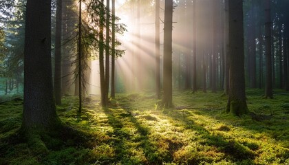 Obraz premium spruce tree forest sunbeams through fog illuminating moss covered forest floor creating a mystic atmosphere