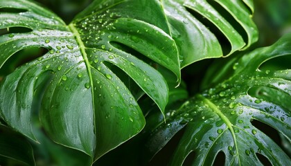 Fototapeta premium closeup tropical climate leaf plant monstera with dew droplets on it generative ai