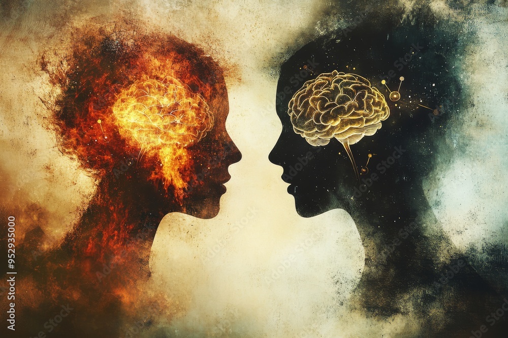 Aufkleber two silhouetted profiles facing each other their brains ablaze with fiery red and blue symbolizing t