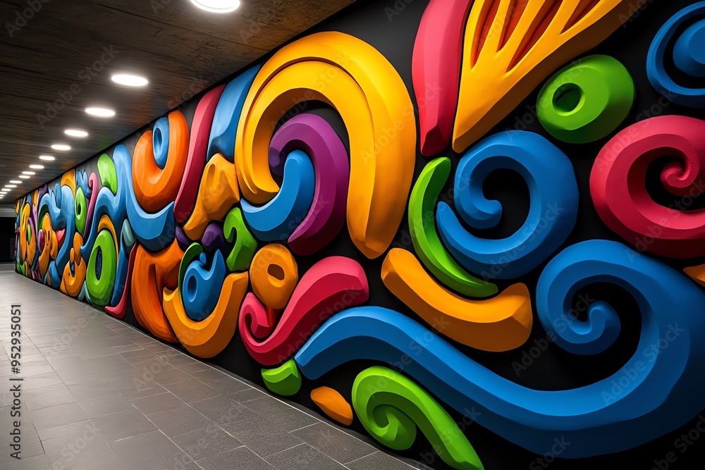 Poster Neon color graffiti with bold and dynamic patterns, illustrated in a scene where a graffiti mural features bold, dynamic patterns in neon colors, creating a striking and energetic piece of urban