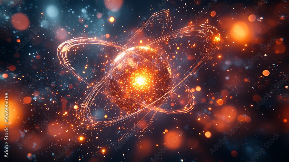 Poster a glowing sphere surrounded by particles and shimmering bokeh lights.