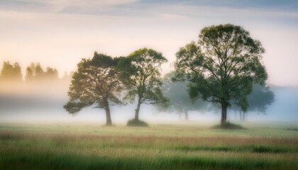 Fototapeta premium a serene landscape painting featuring a group of trees in a foggy field