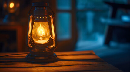 Old lantern oil lamp on wooden table in dark room, copy space. Vintage antique fire flame candle to glow light at night, warm ancient historic equipment