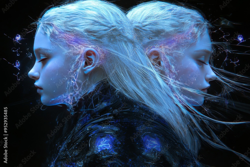 Poster a dual portrait of twin women with digitally enhanced brains symbolizing the harmony and connection 