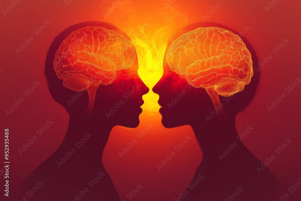 Poster a striking red and orange image of two profiles facing each other their brains illuminated in warm t