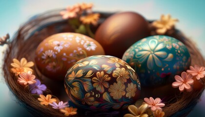 Fototapeta premium up close and personal with beautifully painted easter eggs in floral motifs generative ai