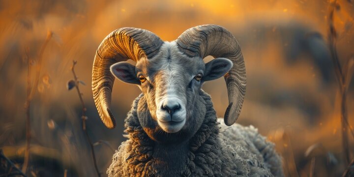 Male gray Heidschnucke sheep with well fed symmetrically truncated horns
