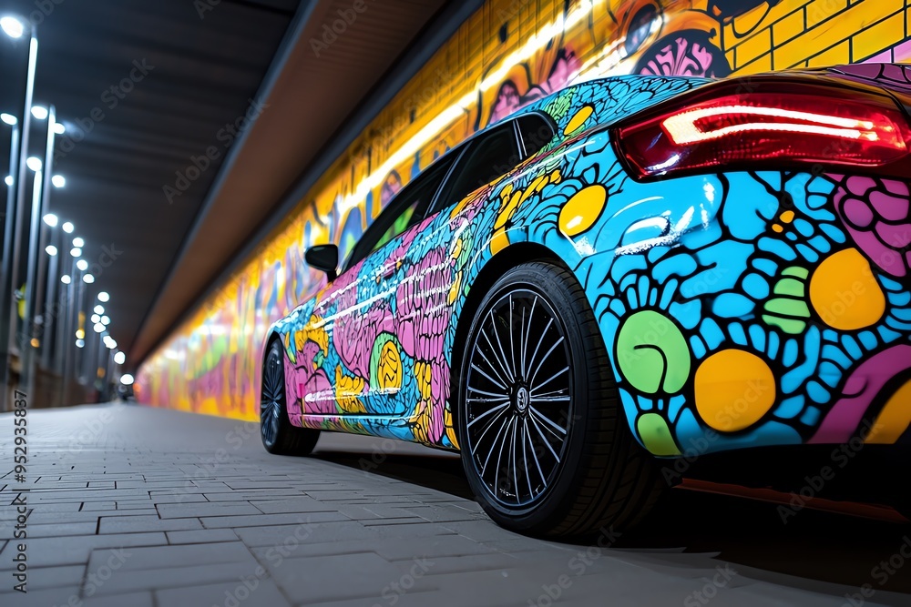 Poster neon color graffiti with bold and expressive patterns, illustrated in a scene where a graffiti mural