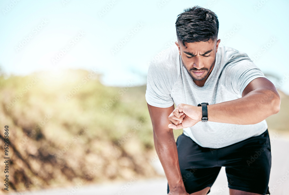 Poster Outdoor, man and fitness with digital watch to monitor or tracking health, wellness and wellbeing. Male person, water bottle and sweat in road with checking running results, heart rate on app