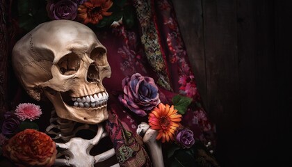 skeleton amidst a floral tapestry a dark and romantic still life
