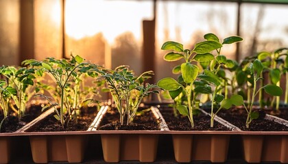 photo of organic vegetable seedlings in containers selective focus