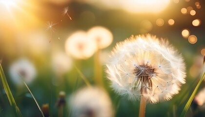 macro image of dandelion shallow depth of field blurred foreground abstract summer nature background