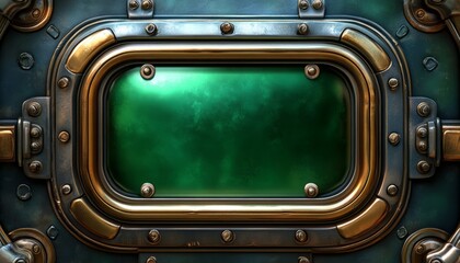 Green Glass Window Embedded in a Metal Frame with Brass Accents
