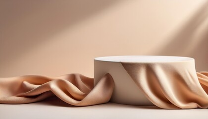 sculpture of stand podium product display in minimal earth tone design and silk surface of cloth beautiful luxury and elegance background space