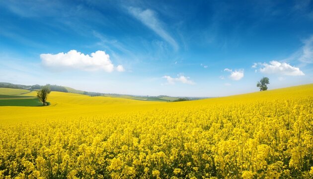 yellow flowers of rapeseed field blue sky