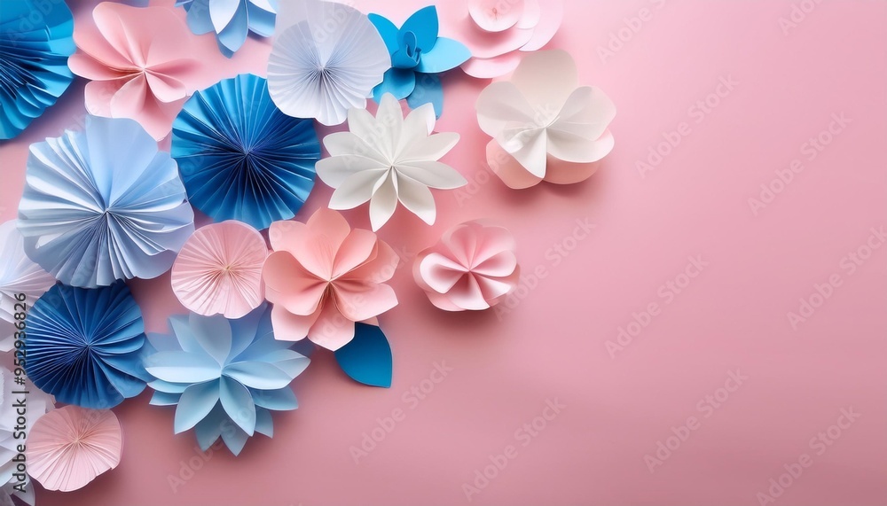 Wall mural blue pink and white paper flowers on pink background