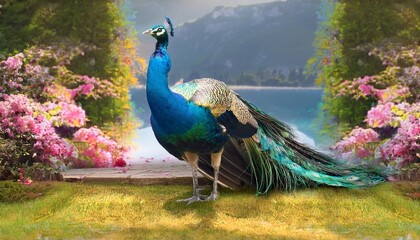 Obraz premium peacocks in paradise a serene scene for the month of april generative ai
