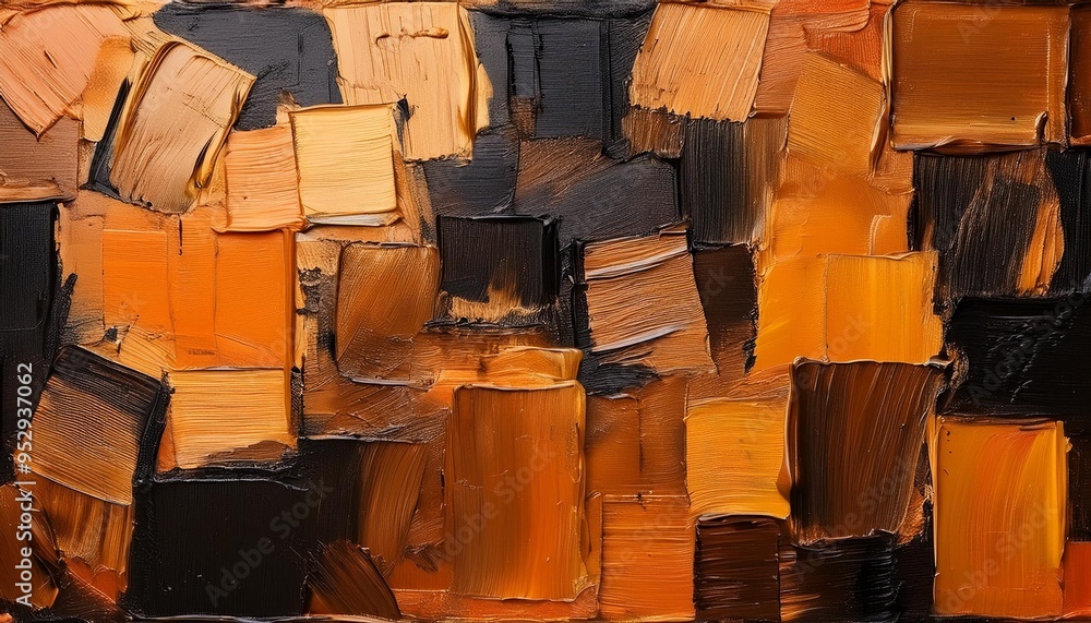 Wall mural closeup of abstract rough black brown bronze golden orange art painting in squares with oil brushstr