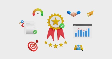 Quality assurance concept. Good service, five stars rating, premium service assurance, excellence service, high quality approval, business excellence. 4k 3d animation. Trim first 3 sec for loop