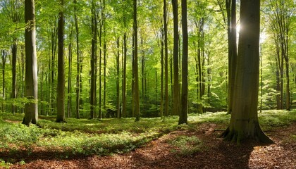 Obraz premium high resolution panorama of sunny natural beech forest