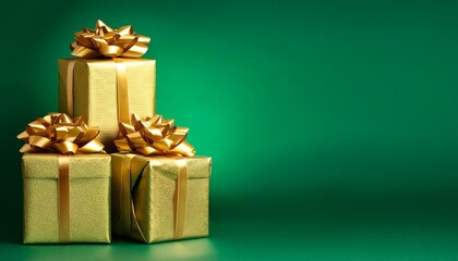 gold presents stack green background gold bow on top green box with gold bow generative ai