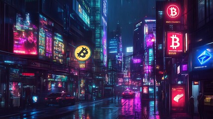 Fototapeta premium Neon-lit Cyberpunk City Street with Bitcoin Signage and Rain