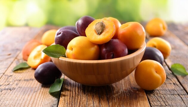 pluot mix of plum and apricot in wooden bowl