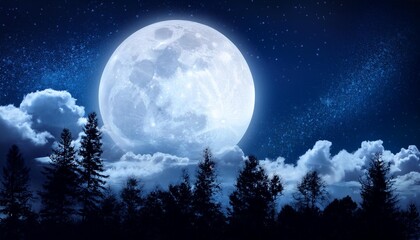 a painting of a full moon in the night sky with clouds and trees in the foreground and a dark blue sky with stars and clouds in the foreground
