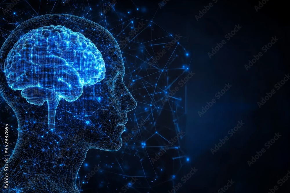Poster a digital profile of a human brain with vibrant blue neural connections symbolizing the complexity o