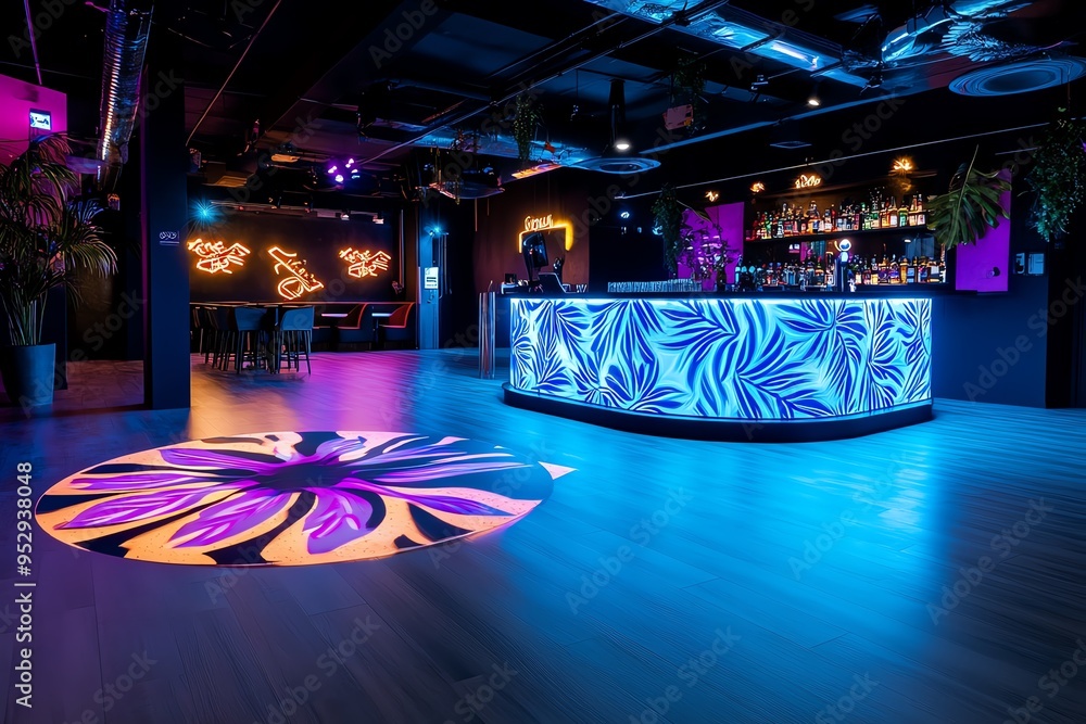 Poster neon color nightclub environment with glowing lights and energetic atmosphere, illustrated in a scen